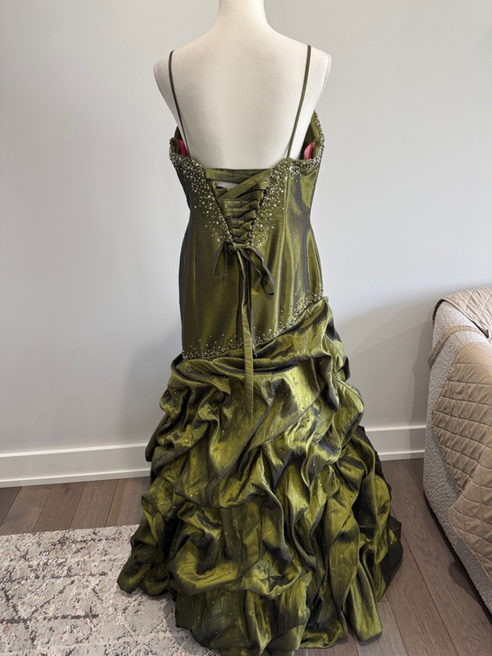 Y2K Olive Green Ball Gown Silver Gem Formal Dress Maggie Sottero - Picture 5 of 10
